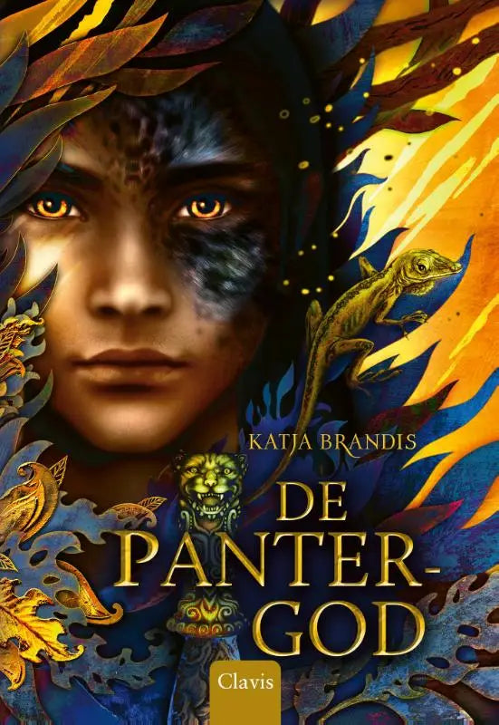 De cover van het boek de pantergod door katja brandis met een stijlvol ontwerp in levendig blauw en goud voor jonge lezers