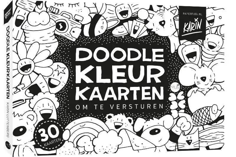 Paperfuel doodlekleurkaarten zwartwit doos met illustraties van dieren objecten en doodles om te versturen