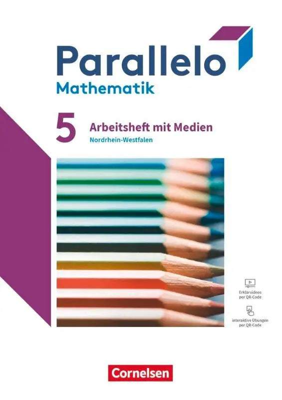 De voorkant van het parallelo 5 werkboek voor nordrhein-westfalen met gekleurde potloden en uitlegvideo’s en interactieve oefeningen