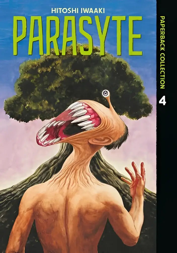 De cover van parasyte paperback collection 4 toont een surrealistische humanoid met scherpe tanden en een boom op het hoofd