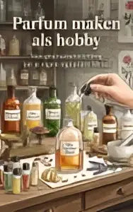 Een collectie glazen flessen met amber en heldere vloeistof voor parfum maken als hobby en signature blend samenstelling