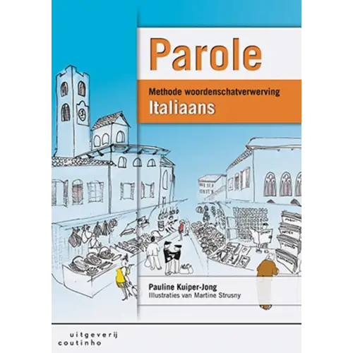 Parole Italiaans boekomslag met blauwwitte straatscene en markt