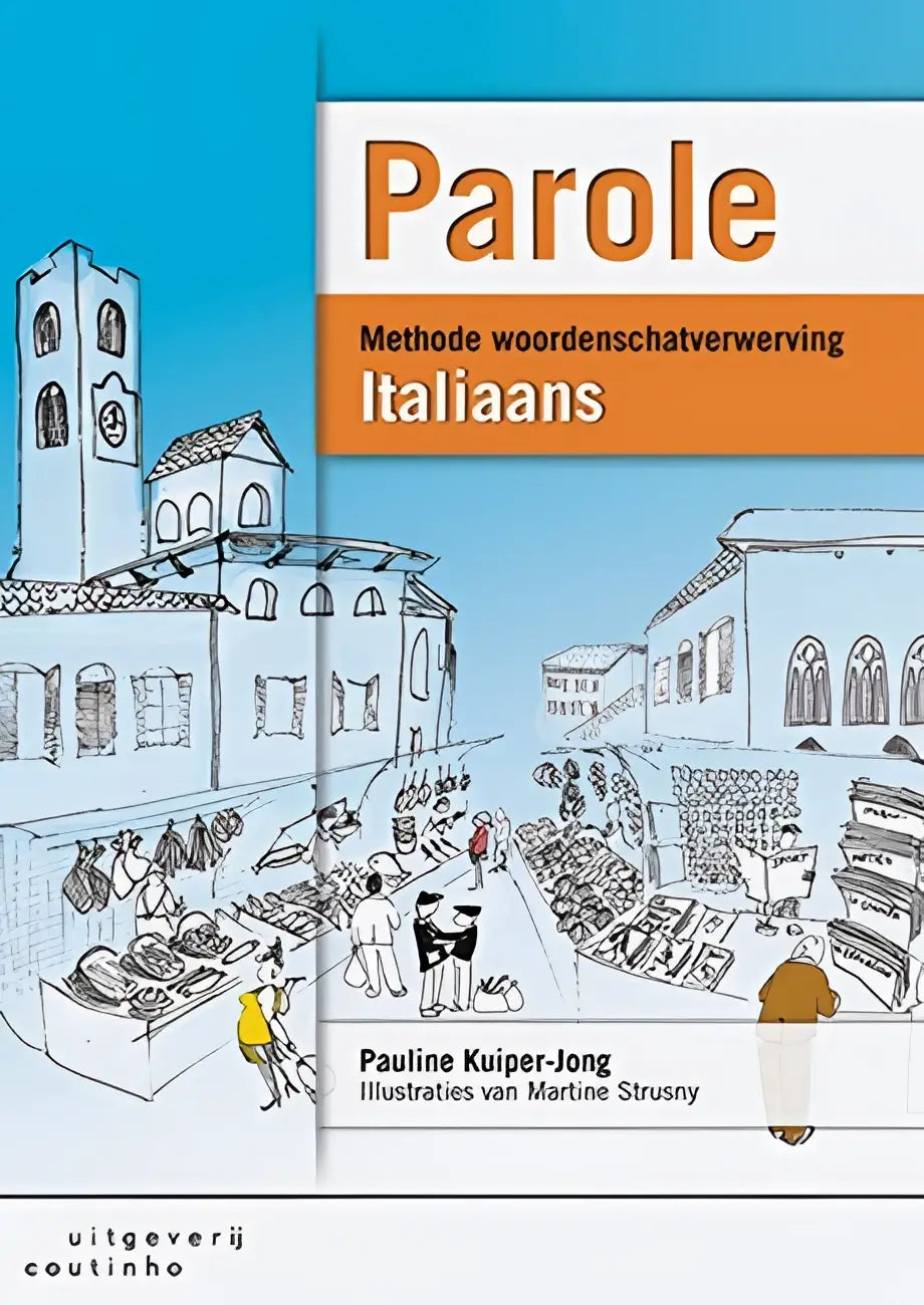 Parole Italiaans boekomslag met blauwwitte straatscene en markt