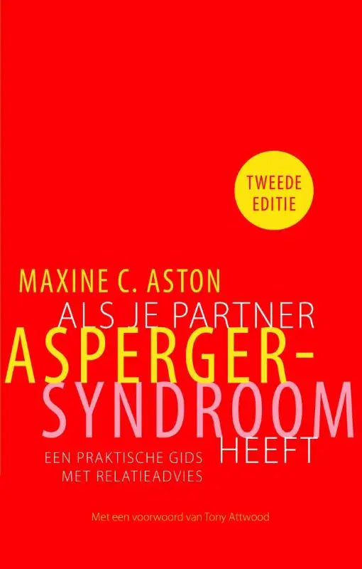 Rood boek met boekomslag en opvallende gele en witte tekst als je partner asperger-syndroom heeft praktische gids