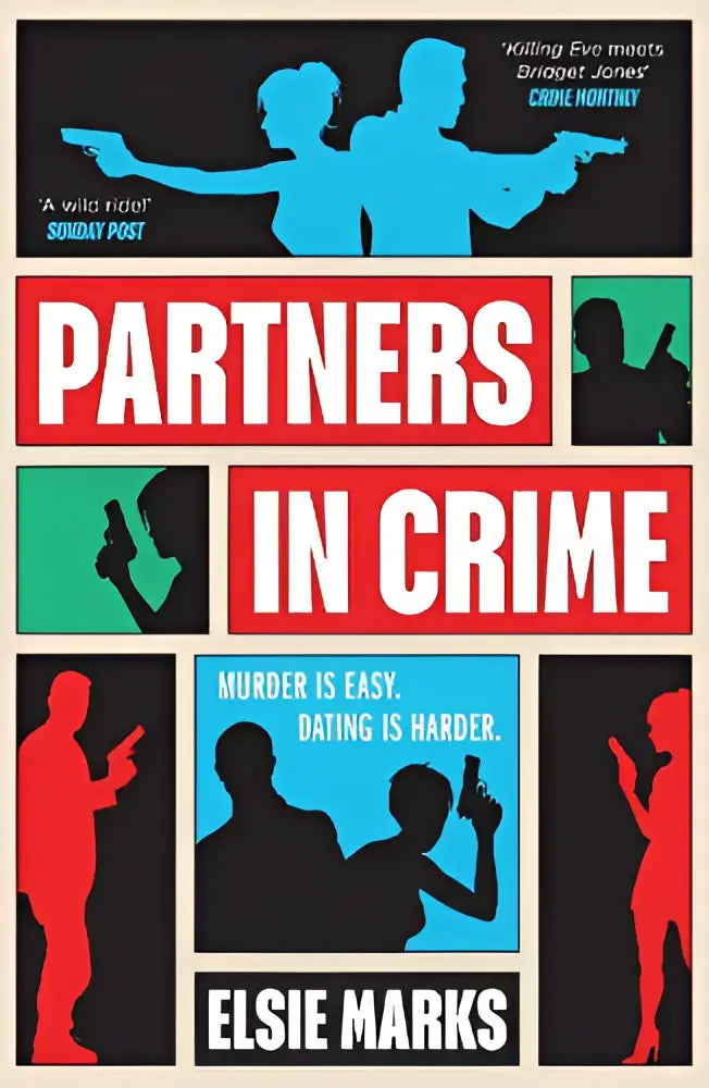 Het boekpartners in crime van elsie marks toont rood-witte tekst en blauw-groene silhouetten op zwarte achtergrond bij harpercollins publishers