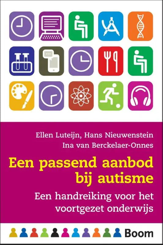 De boekcover heeft een levendige magenta achtergrond met geel titel en is een passend aanbod bij autisme van ellen luteijn en hans nieuwenstein