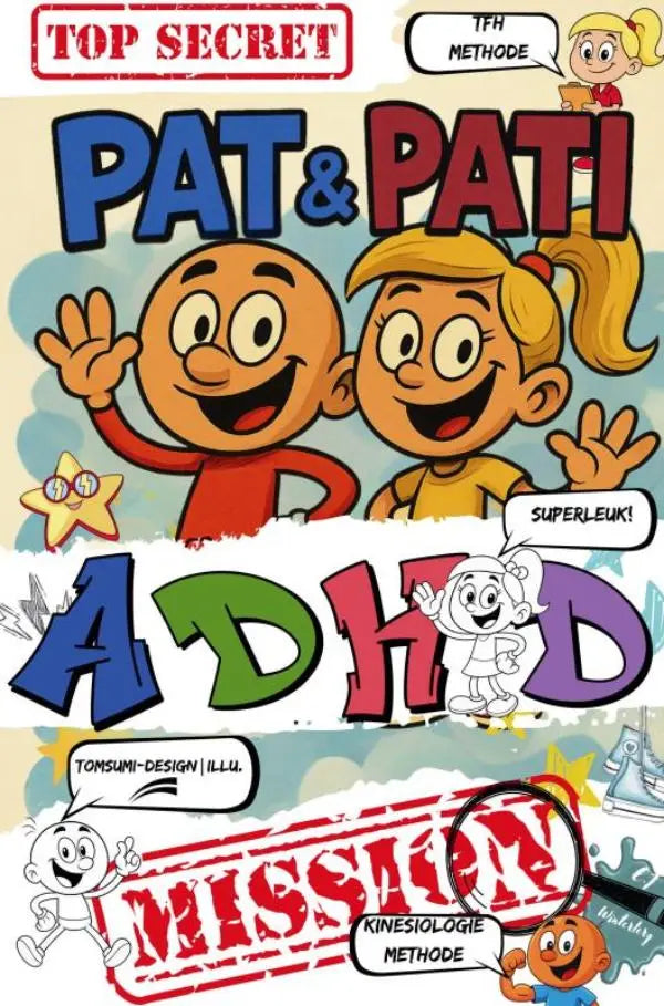 De kleurrijke omslag van pat & pati adhd mission top secret toont grappige avonturen en oefeningen voor kinderen met adhd