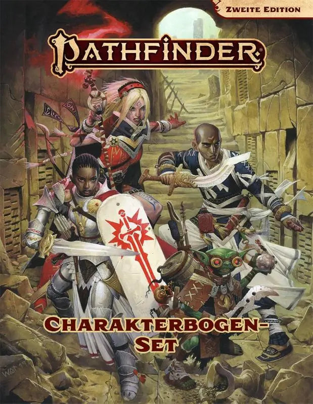 Pathfinder 2 charakterbogenset cover met geïllustreerde fantasy karakters in dynamische gevechtshoudingen als pathfinder zubehör