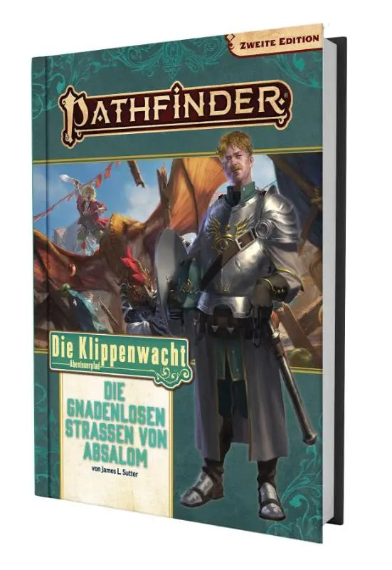 Pathfinder 2 die klippenwacht avontuurboek met gedetailleerde illustratie van ridder in zilveren harnas op groen goud cover