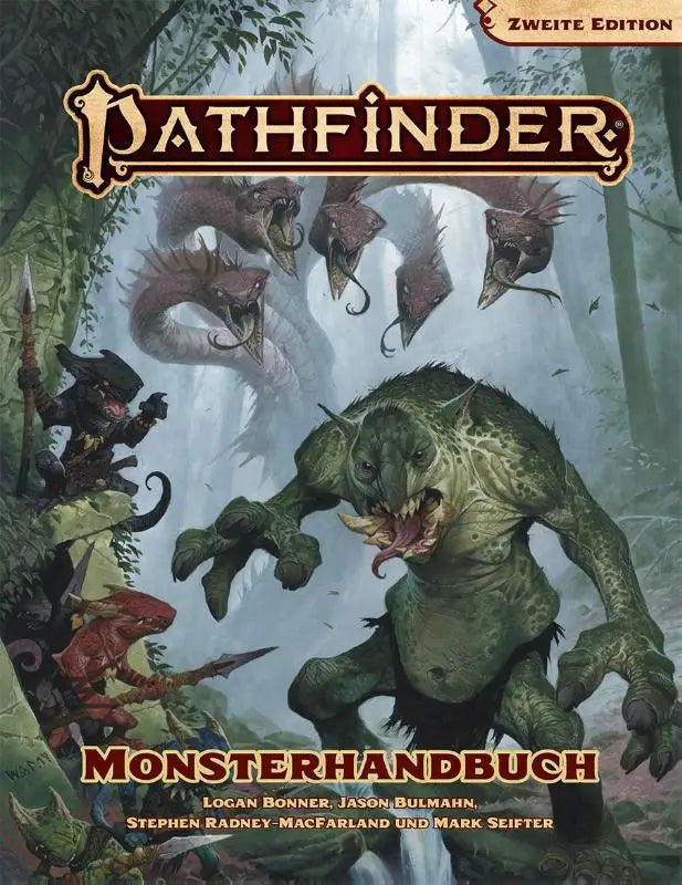 De voorkant van het pathfinder 2 monsterhandboek met een groen monster met scherpe tanden en klauwen in een jungle omgeving