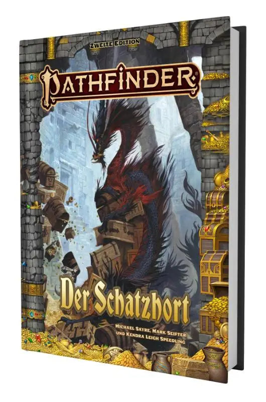 Hardcover boek pathfinder 2 der schatzhort met dramatische illustratie van een rode en zwarte draak en goudschat