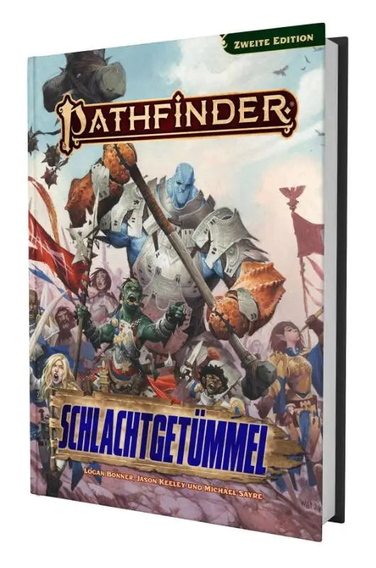 De pathfinder 2e boek schlachtgetümmel met levendige illustraties van fantasy personages in dynamische gevechtsposes