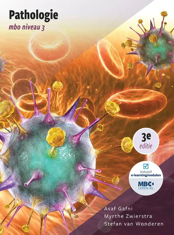 De cover van het pathologie mbo niveau 3 studieboek derde editie toont gestileerde virusdeeltjes in teal en paars op een oranje rode achtergrond