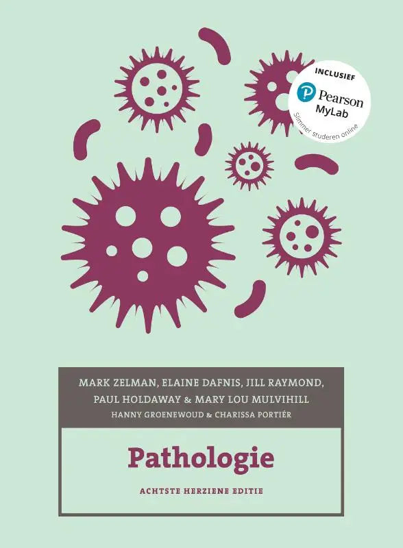De pathologie leerboek van elaine tompary, jill raymond en mark zelman heeft een lichtmintgroene omslag met paarse virusillustraties