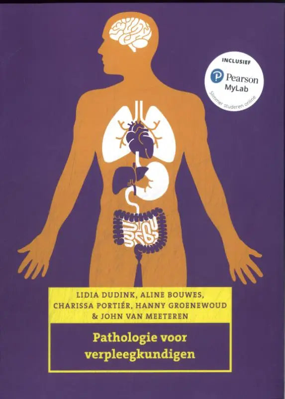 Paars boekcover van pathologie voor verpleegkundigen met oranje menselijke silhouet en anatomische organen van pearson