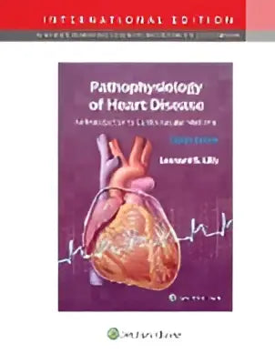 De boekomslag van pathophysiology of heart disease toont een anatomische illustratie van een roodroze menselijk hart op paarse achtergrond