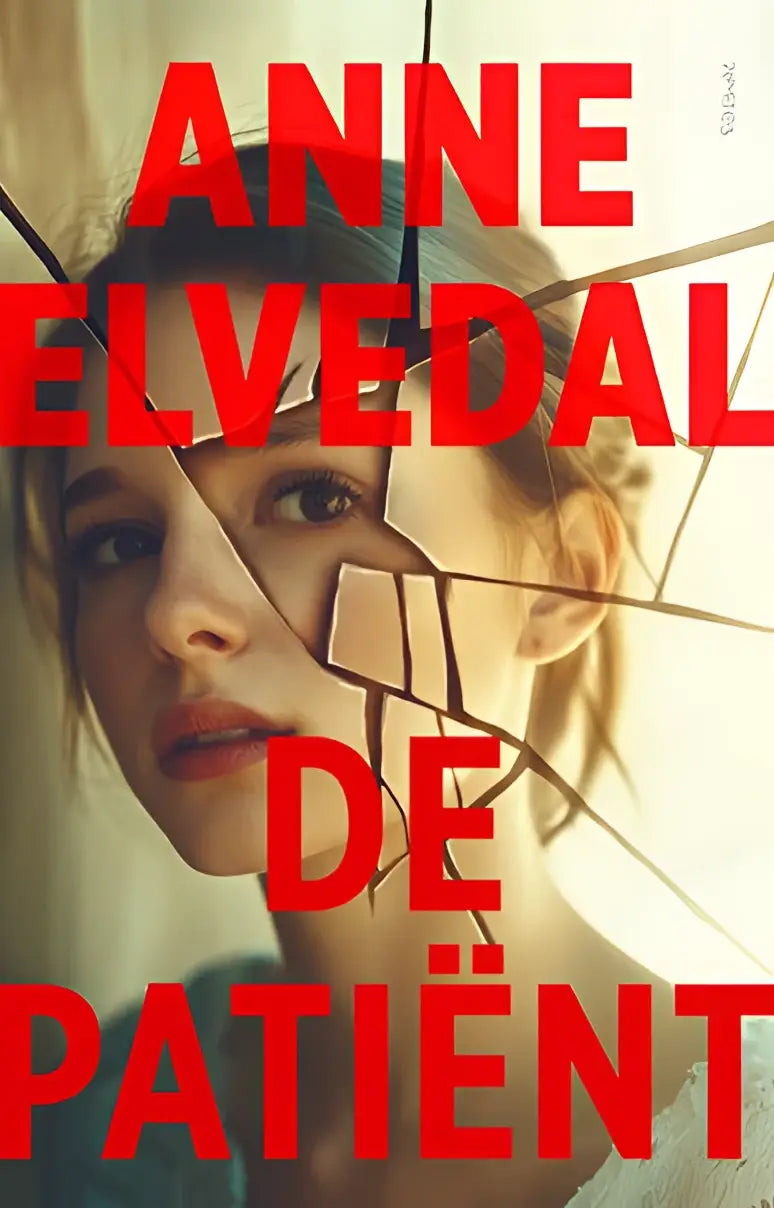 Boekcover van de patiënt door anne elvedal met een vrouwengezicht achter gebarsten glas en rode tekst