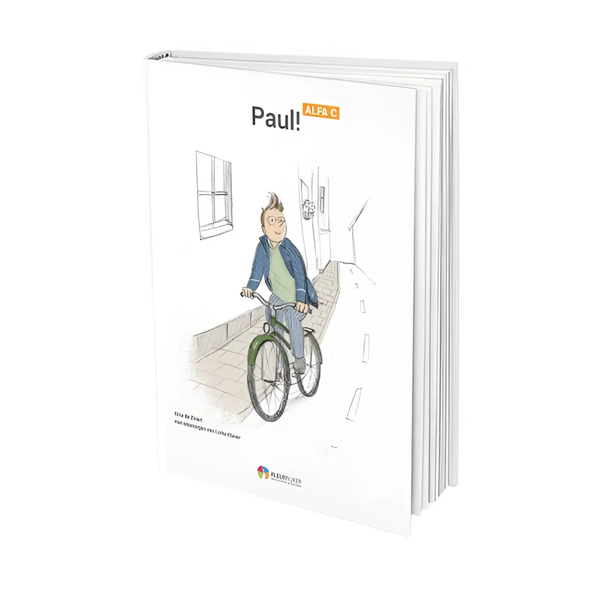 Witte hardcover kinderboek paul alfa c met cartoonillustratie van jongen op fiets op stoep