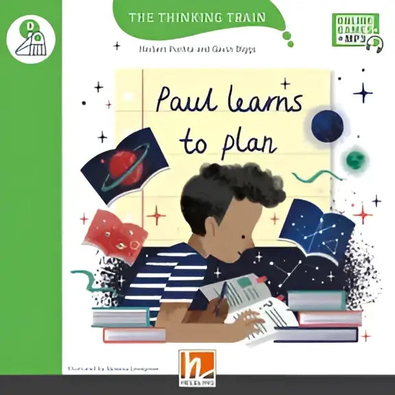 Boekcover Paul leert plannen met cartoonjongen, boeken, planeten en sterren