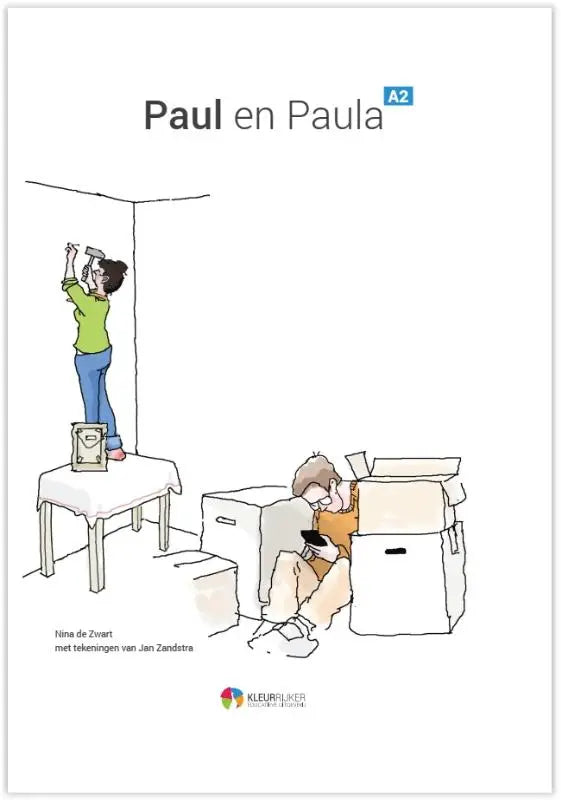 A2-niveau dutch leesboek voor anderstaligen paul en paula met cartoon van twee mensen die verhuizen met dozen