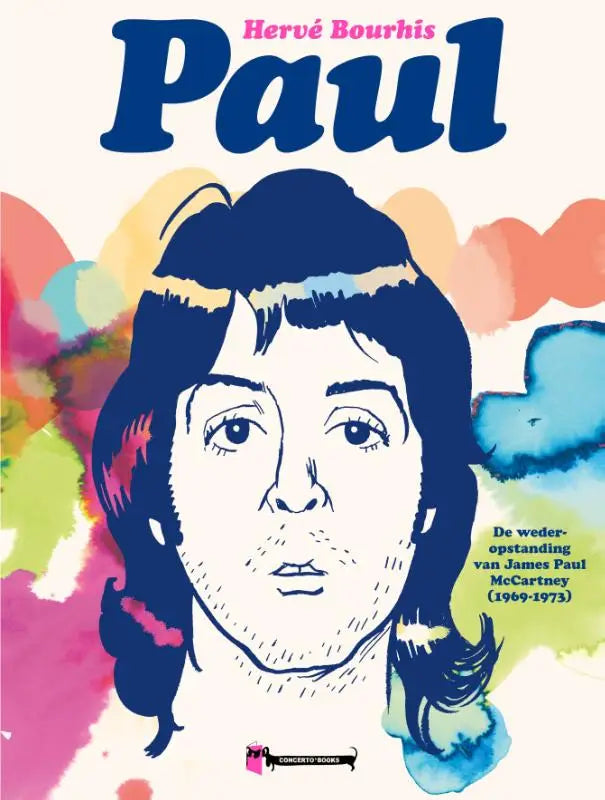 Blauwe inktillustratie van paul mccartney op kleurrijke aquarel achtergrond in paul de wederopstanding van james paul mccartney