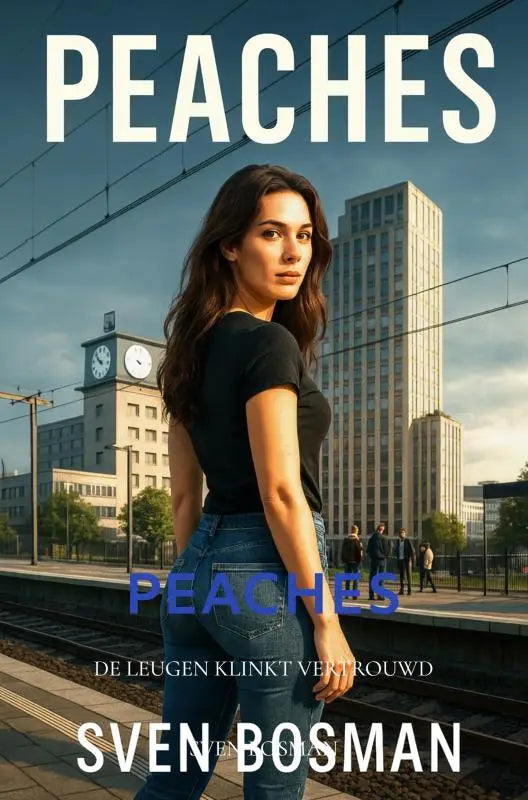 Boekcover van peaches toont vrouw in zwarte top en blauwe jeans op treinstation met titel leugen klinkt vertrouwd