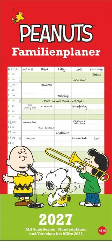Peanuts familienplaner 2027 voor familien met 5 spalten kalender met snoopy charlie brown en linus met gele trompet