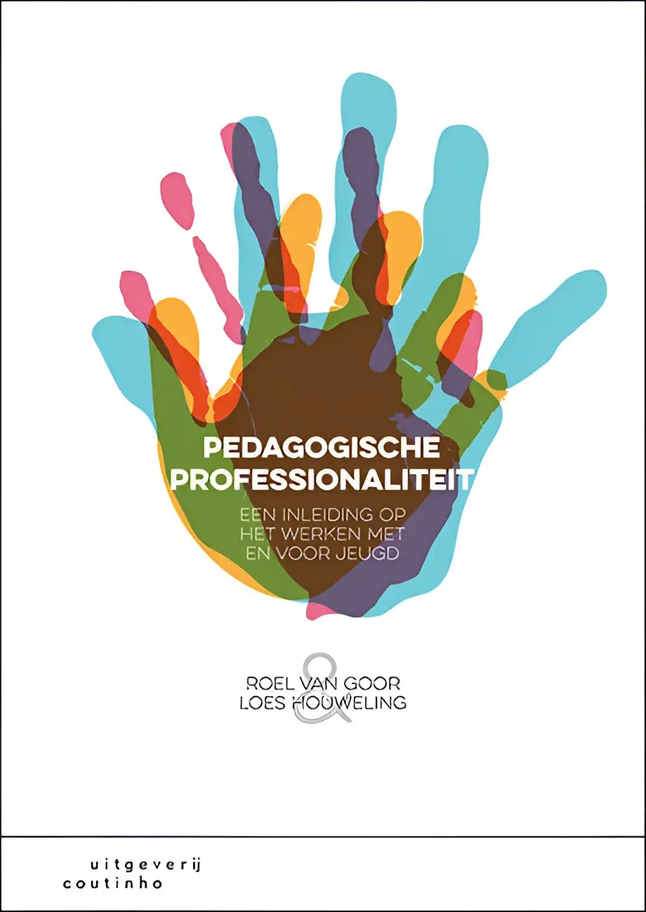 Vibrante, veelkleurige handafdruk op witte boekcover Pedagogische professionaliteit