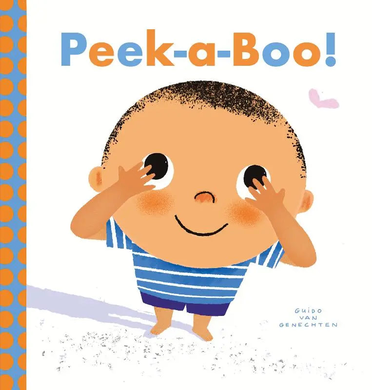 Een vrolijke cartoon jongen in een blauw-wit gestreept shirt speelt peek-a-boo voor jonge lezers