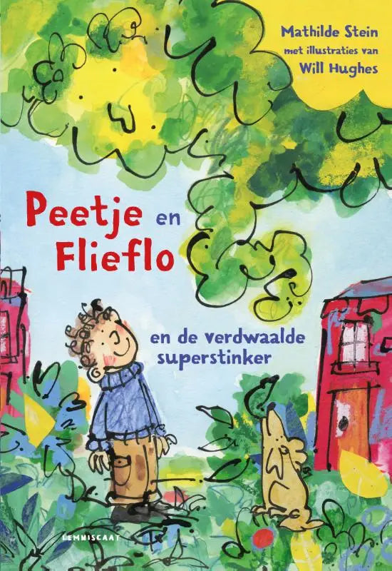 Kinderboek peetje en flieflo en de verdwaalde superstinker met cartoon jongen en gele hond voor kleurrijke achtergrond