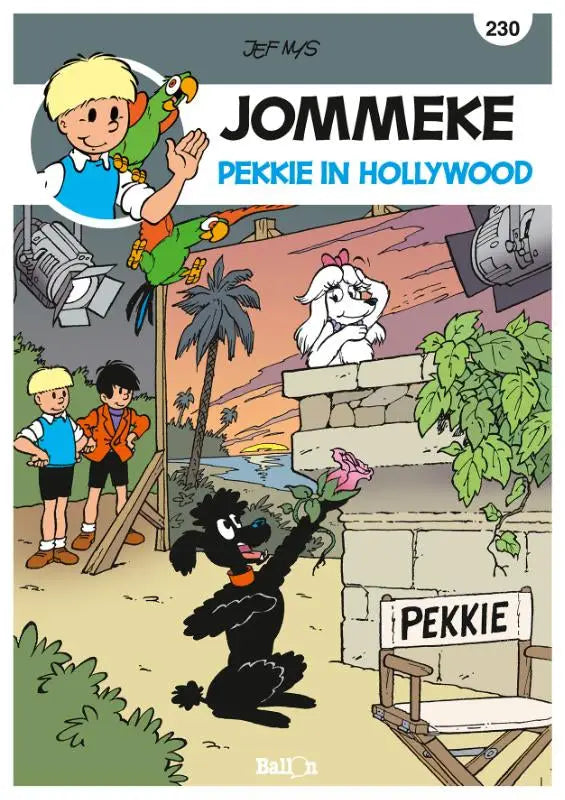 De cover van de jommeke strip pekkie in hollywood door jef nys toont kleurrijke personages en een filmset achtergrond