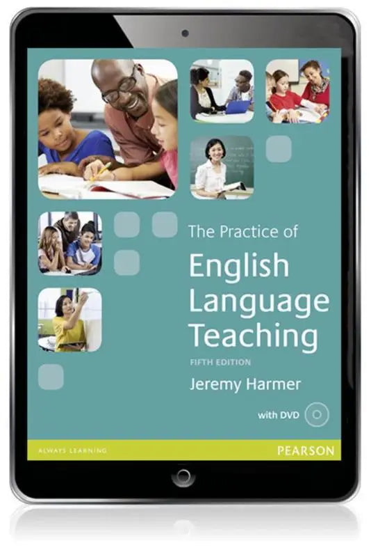 De practice of english language teaching fifth edition van jeremy harmer op een tablet met een teal omslag voor english language teaching