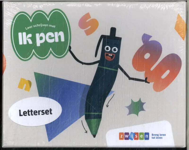 Een groene en zwarte pen met googly eyes en glimlach op de hoes van ik pen 2024 leerjaar 2 letterset 2 educatief product