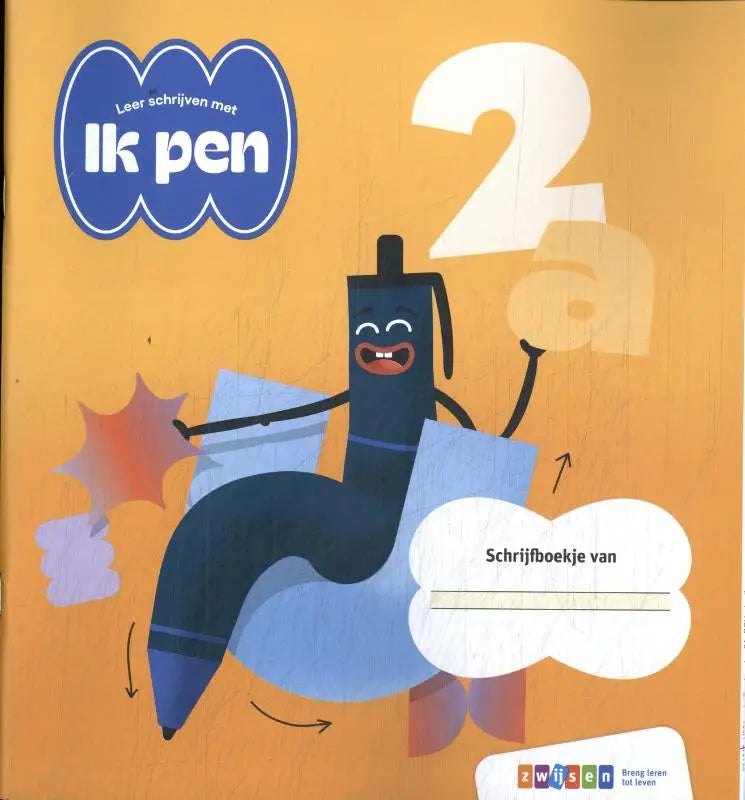 Een vrolijke cartoon blauwe pen met een glimlach en armen op de voorkant van het educatieve schrijfwerkboek ik pen