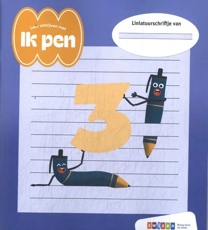 Ik pen workbook met speelse cartoonpotloden op papier tegen een levendige blauwe achtergrond