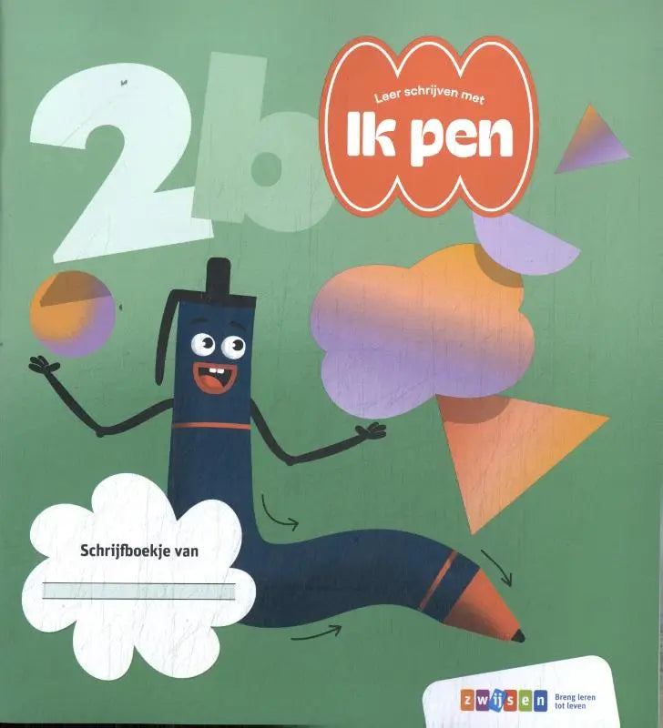 Een vrolijke cartoon blauwe pen met een glimlachend gezicht, armen, oranje punt en zwarte accenten in ik pen product
