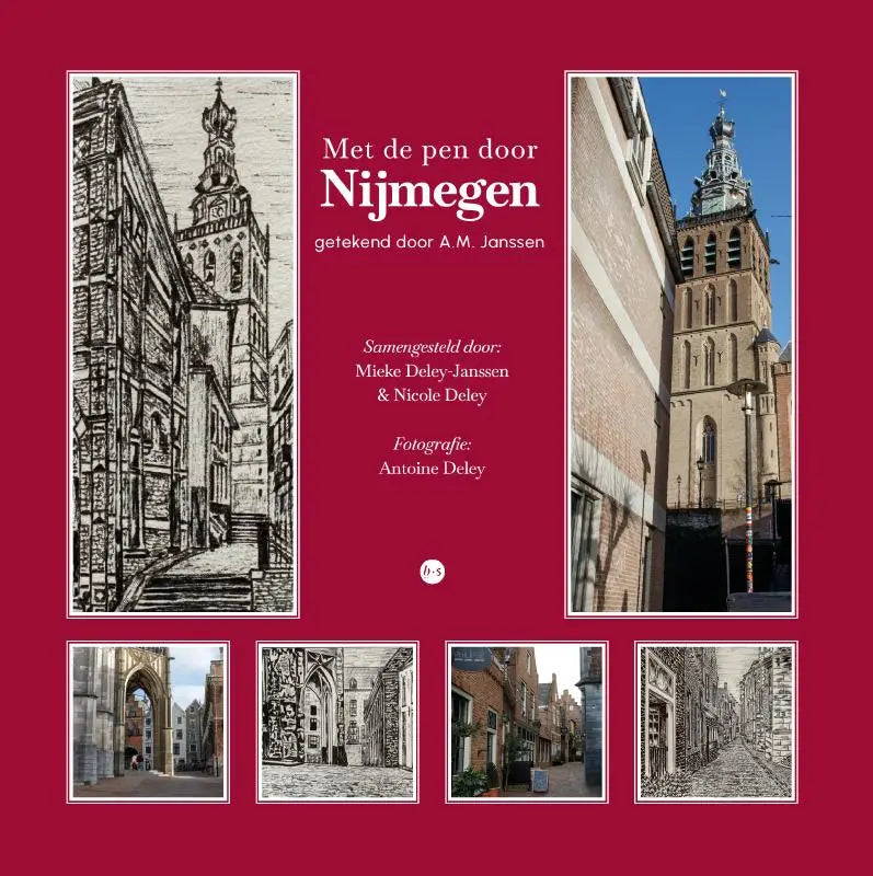 Rode boekomslag met zwartwit schetsen en een kleurenfoto van nijmegens historische toren voor met de pen door nijmegen