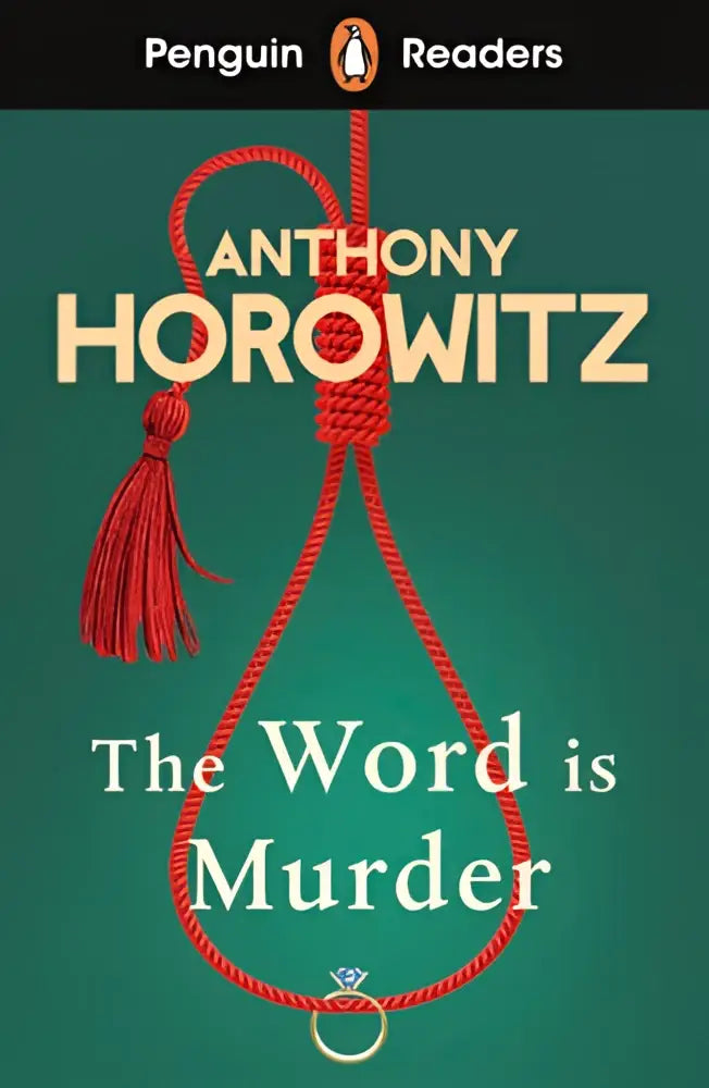 Rood touw noose met kwast en diamant ring hangend aan penguin readers level 6 the word is murder ELT graded reader cover
