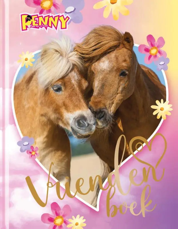 Pink en paarse floral patroon vriendenboek penny vriendenboek met hartvormige foto van twee knuffelende pony’s voor jonge lezers