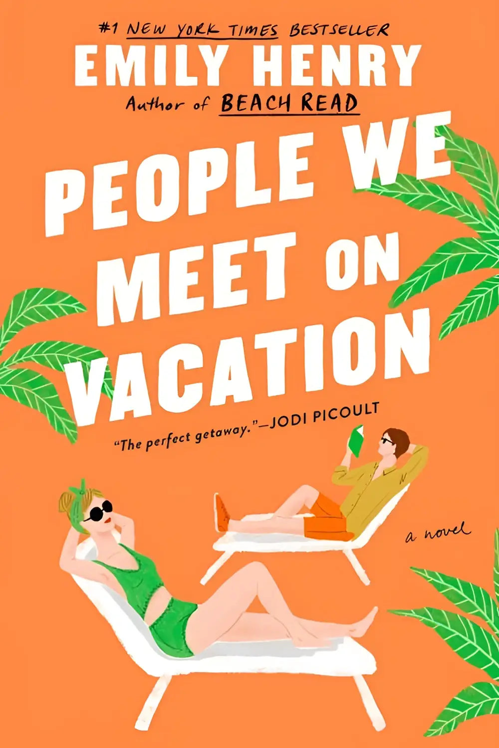 Vibrante oranje boekcover van people we meet on vacation door emily henry met twee mensen in witte strandstoelen bij een tropisch decor voor tien zomervakanties cozy romance