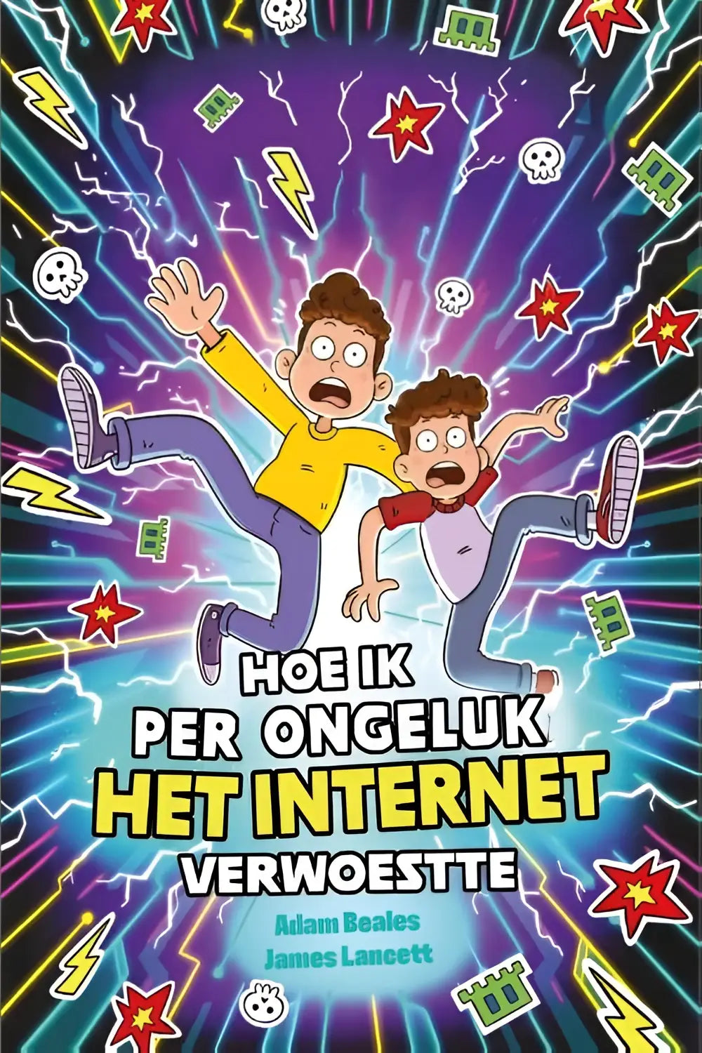 Vibrante nederlandstalige hardback comic cover van adam beales met twee jongens in actie voor een cosmic internet verwoestte achtergrond