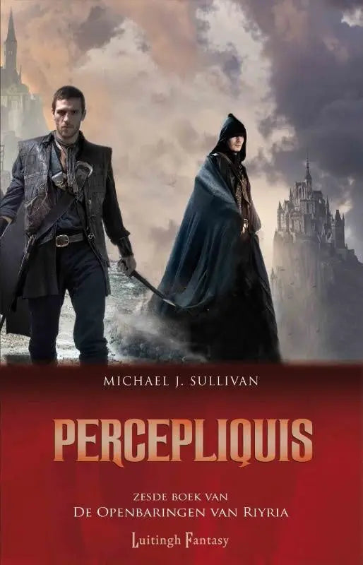 De boekcover van percepliquis toont de titel in vet gouden oranje letters op een diepe rode achtergrond luitingh sijthoff fantasy