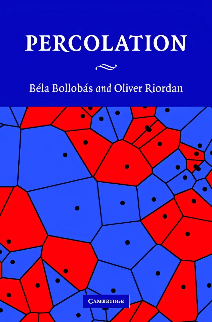 The book cover of percolation by béla bollobás and oliver riordan features a bold blue background with red and black geometric patterns this book is first published and first to present key concepts in percolation theory