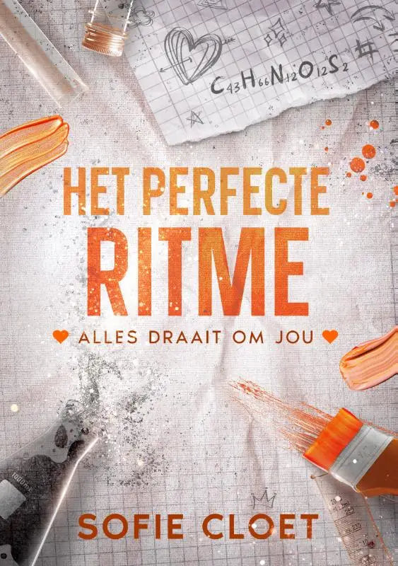 Het boek perfecte ritme toont oranje tekst op een gestructureerde achtergrond met kunstbenodigdheden als thema alles draait