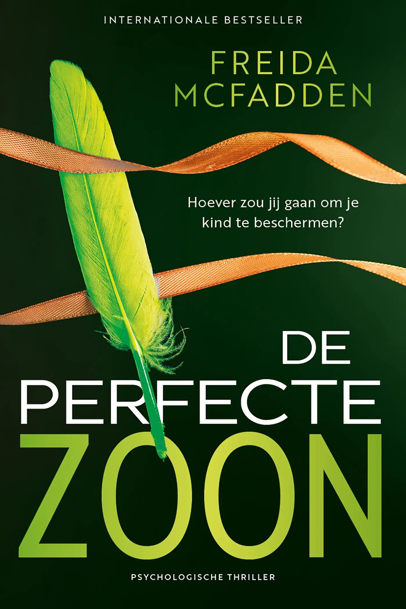 A levendig limegroen veertje met zachte baarden rust diagonaal op de cover van perfecte zoon door freida mcfadden en erika cass