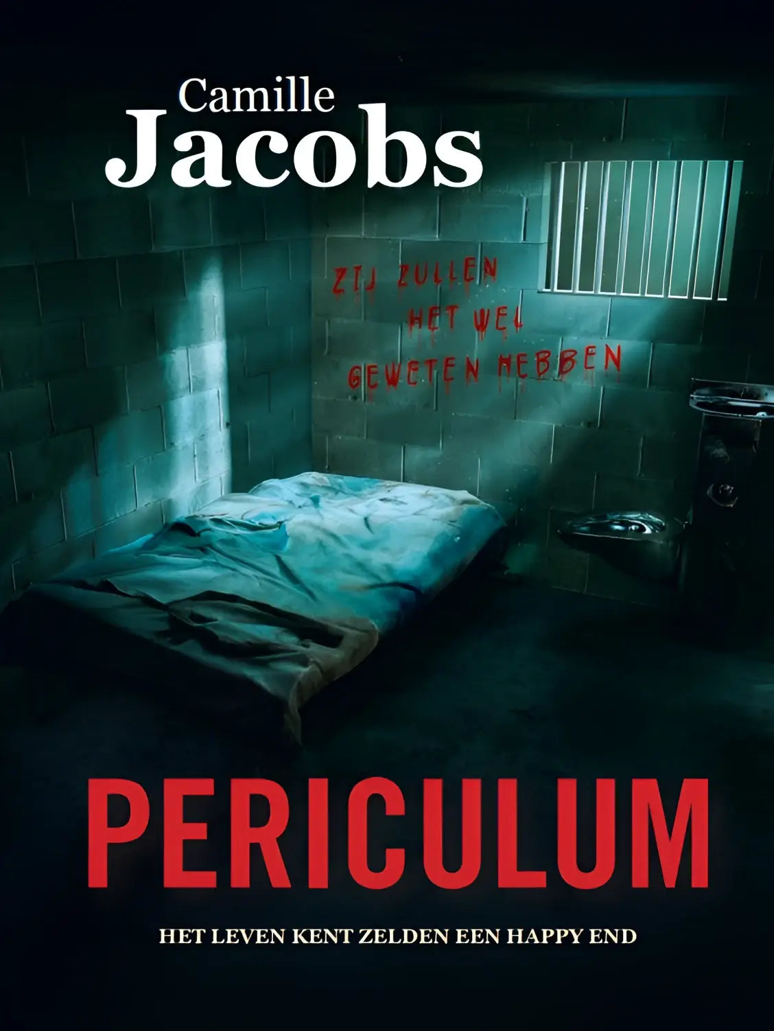 De voorkant van het boek periculum toont de titel in dikke rode letters met auteur camille jacobs en een griezelige slogan