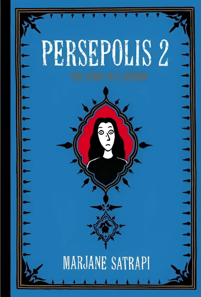 Blauw hardbackboek persepolis 2 van marjane satrapi met zwart-wit illustratie in rode sierlijst uit pantheon graphic library