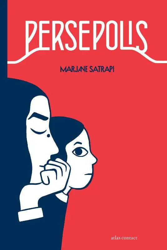 Rood boek persepolis compleet met witte en donkerblauwe illustraties van gezichten in profiel van marjane satrapi realistische strips