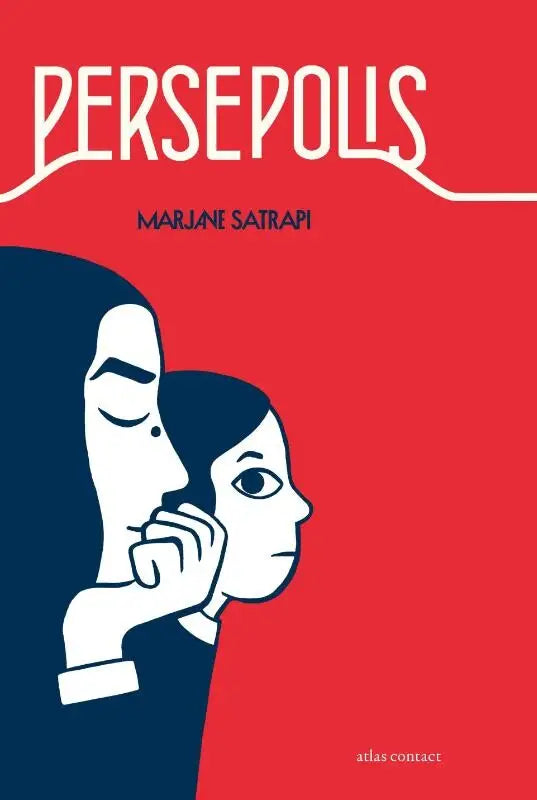 Rood boekomslag persepolis compleet met gestileerde zwart-wit portretillustraties tegen effen rode achtergrond