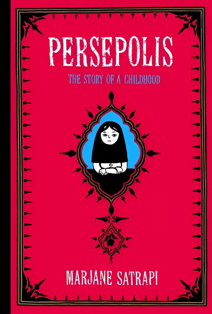 Rood hardcover boek persepolis the story of a childhood met zwart wit illustratie kind in chador en blauwe decoratieve rand pantheon graphic library